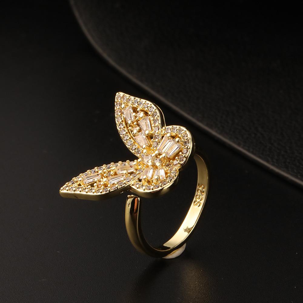 Customized Light Luxury Retro 18K Gold Plated Copper Zircon Butterfly Ring Ins Cold Wind Adjustable Women Jewelry Gift