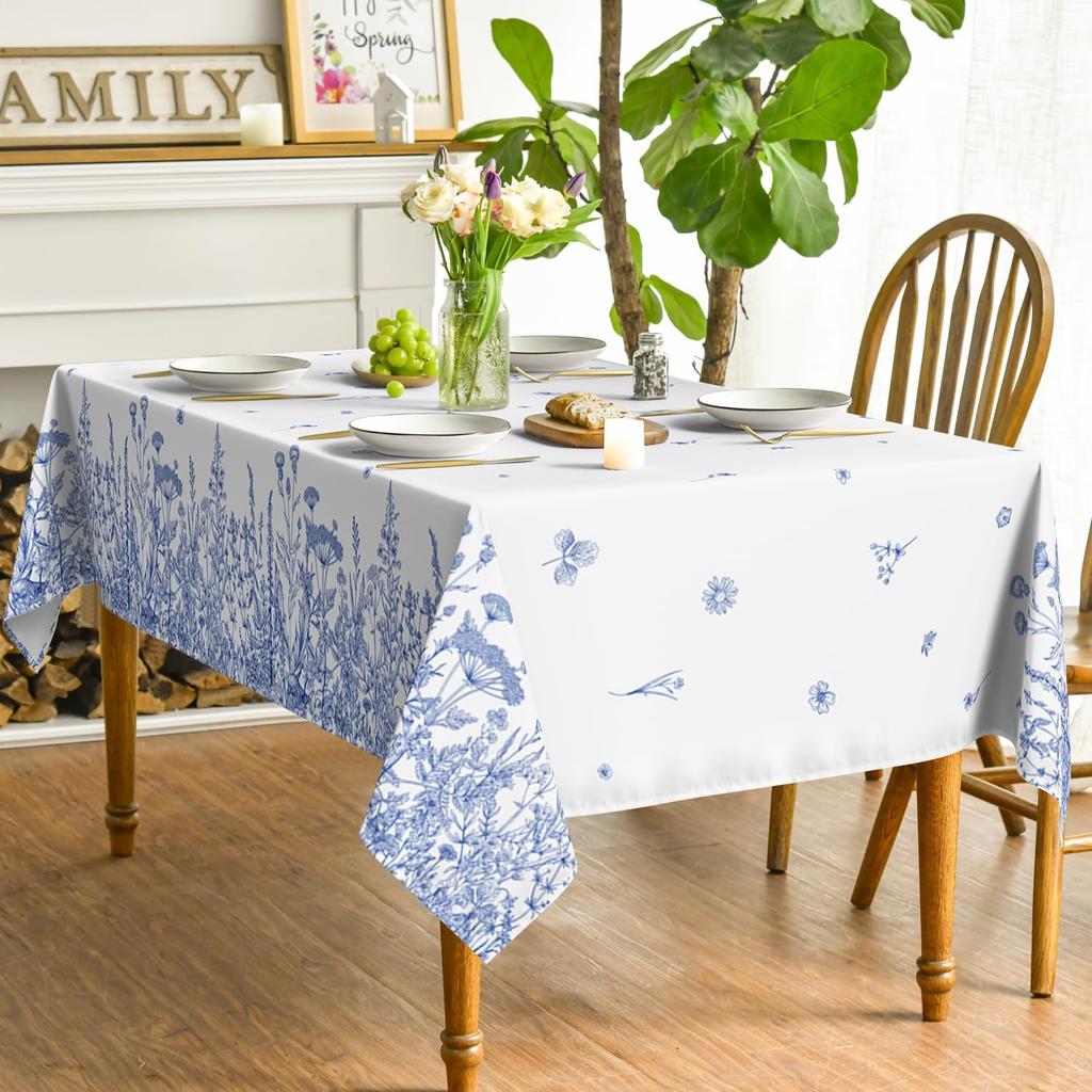 Summer Wild Flowers Rectangle Tablecloth Holiday Home Party Decor Seasonal Blue Floral Waterproof Table Cloth Dining Table Decor