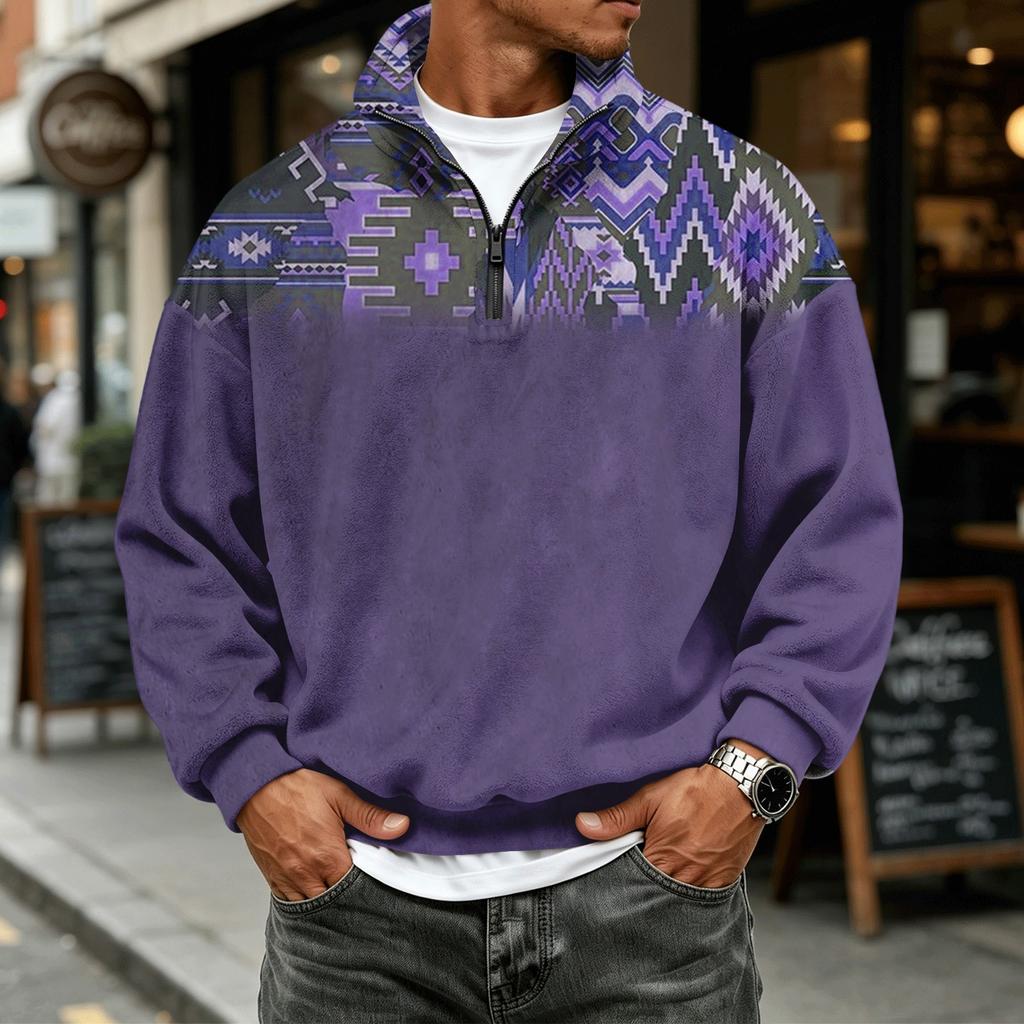 Felpa casual da uomo in flanella a zip 1/4 a manica lunga