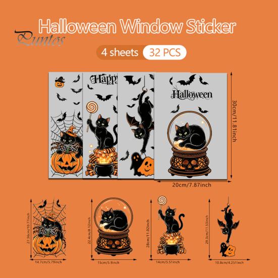 Flexible Cuttable Vinyl Sheets 4Pcs Halloween Cartoon Window Clings, Pumpkin Ghost Scarecrow Stickers, Outdoor Balcony Scene Setting Removable