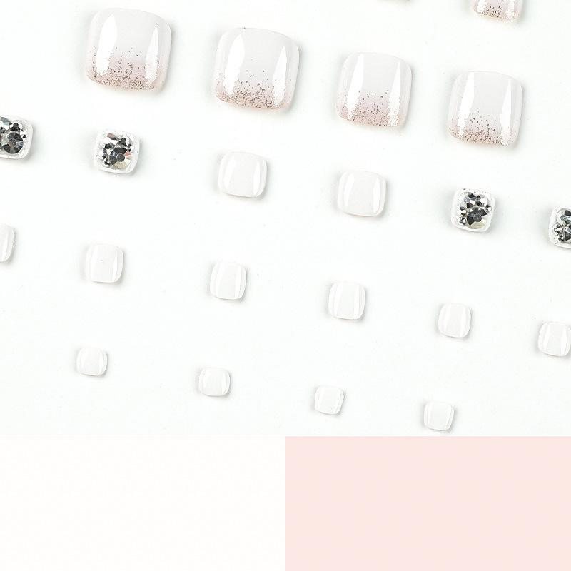 Nail Piece Finished Short White Foot Nail Piece Wearable Manicure Patch Glitter Rhinestone Wearable Nail Piece Summer