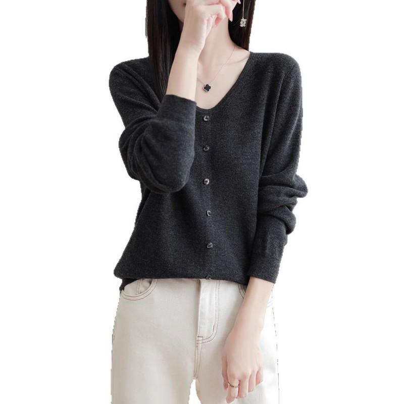 Womens 100 Merino Wool Cardigan V Neck Single Button Solid Color Loose Casual Top