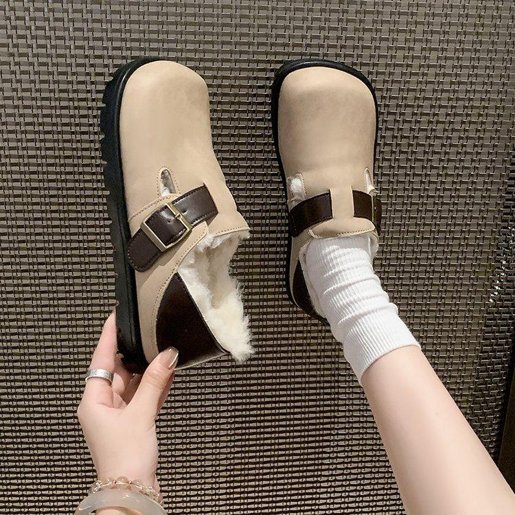 Fleece Boken shoes women's 2025 new autumn and winter women's shoes fleece retro one-pedal lazy single shoes fluffy shoes