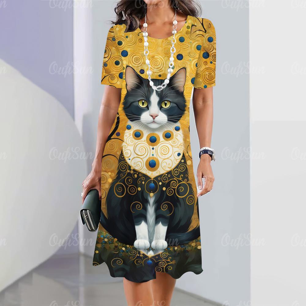 

Нові жіночі сукні з мультяшним принтом кота, літні, елегантні, з коротким рукавом, модний одяг великого розміру 8XL