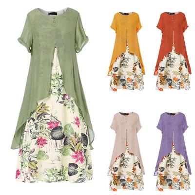 This Dress Is A Stylish Cotton and Linen Floral Print Long Dress, A Plus-size Women's Dress with A Large Swing