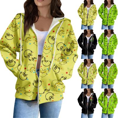 Women's Casual Fashion Long Sleeve Zipper  Printed Hooded Sweatshirt