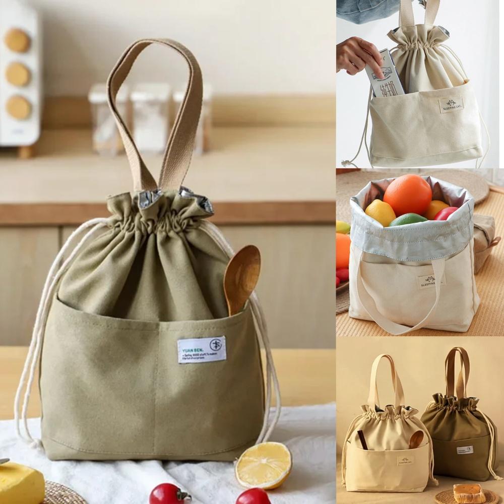 Drawstring Canvas Insulated Lunch Bag Outdoor Thicken Aluminium Foil Thermal Bento Box Tote Cooler Handbags for Office Workers