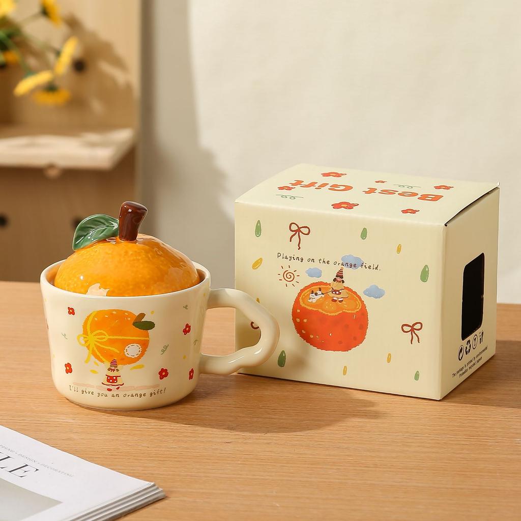 Cute Girl Little Orange with Lid Ceramic Cup Small Gift Set High Temperature Resistant Girls Office Mug Gift Box Set