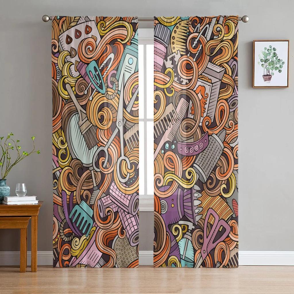Barbershop Design Element Sheer Curtains For Living Room Modern Fashion Valance Curtains For Kitchen Tulle Curtains