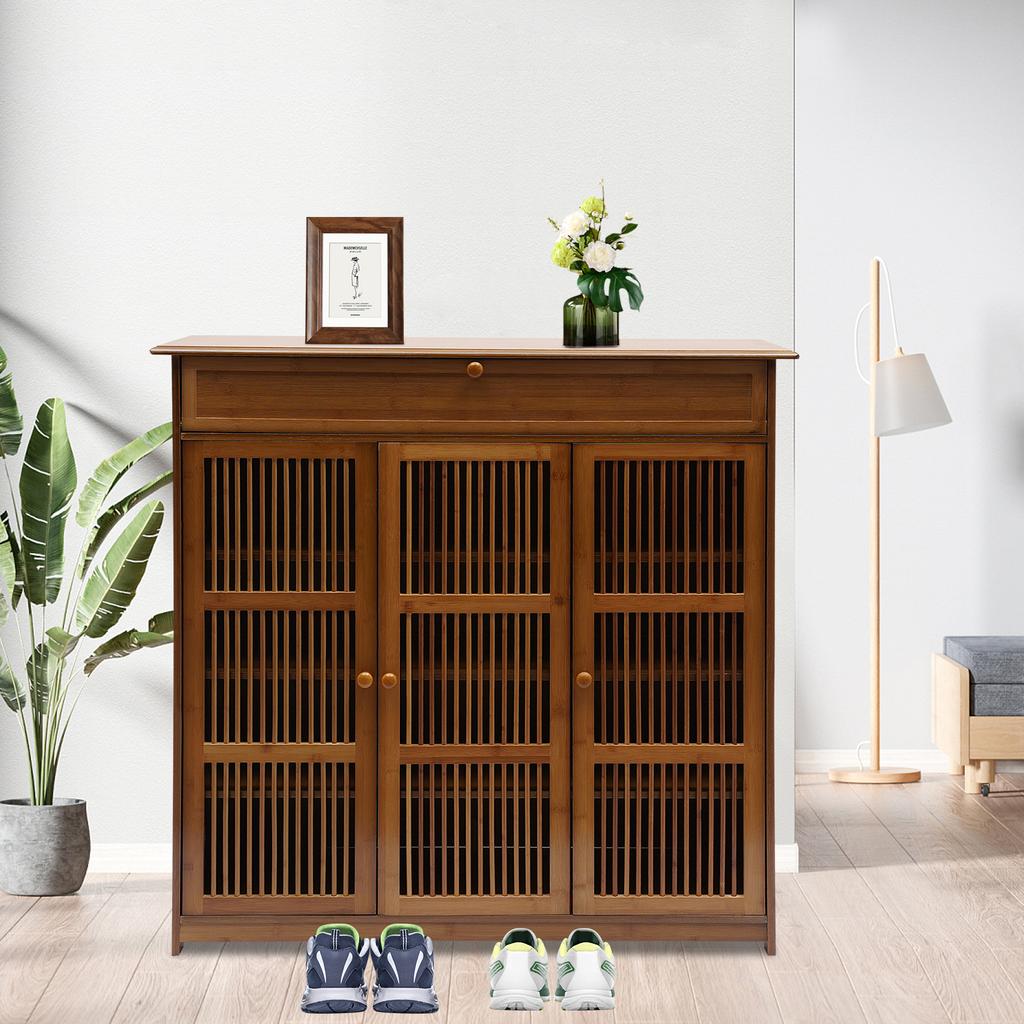3-Tier Bamboo Shoe Cabinet W/ Shutter Doors & 1 Drawer - Holds 25 Pairs, Modern Wooden Shoe Rack Organizer for Entryway, Hallway