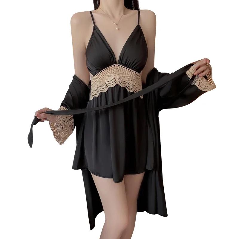 Pajama Set Women's Sexy Pajamas Satin Soft Backless Suspender Dress with Bra Pajama Set Women