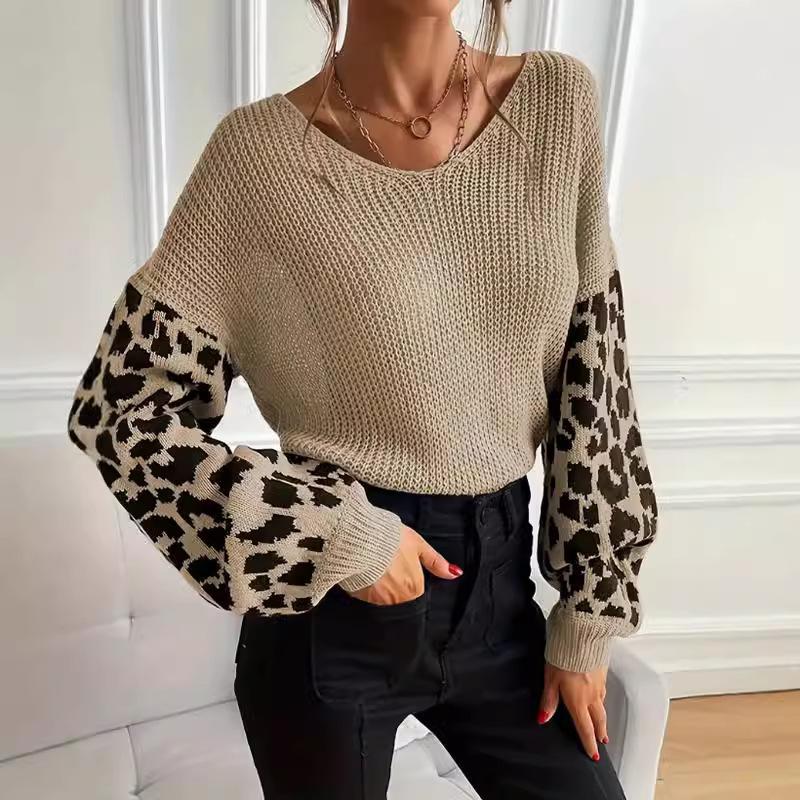Harajuku Leopard Printing Stitching V-neck Sweater Autumn Winter Casual Loose Knitted Sweaters Tops for Women Bottoming Pullover