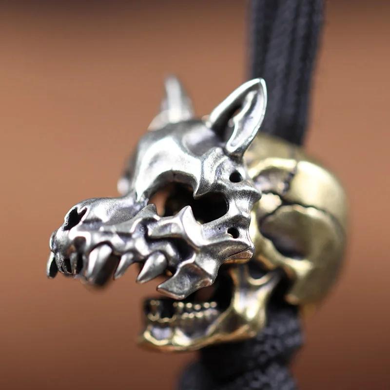 Openable Wolf Face Mask Skeleton Head Brass Knife Beads Outdoor DIY Paracord Woven Lanyard Pendants Accessories