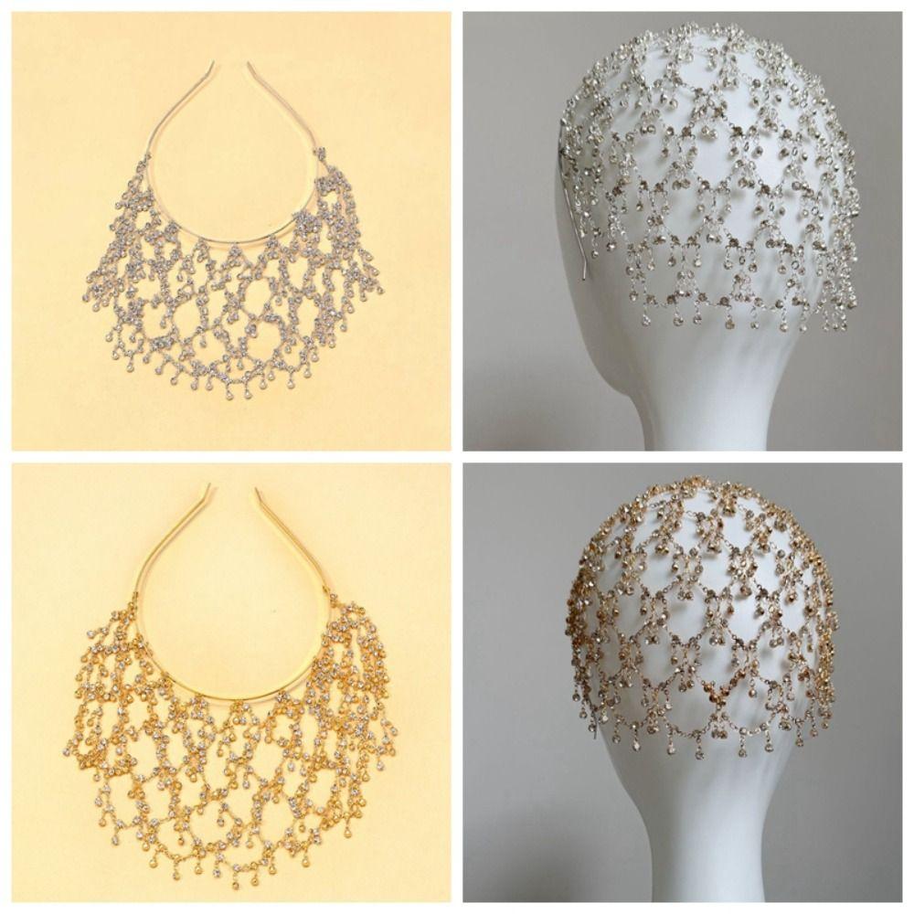 Net Shape Hair Hoop Head Chain Bride Tiaras Pearl Princess Hair Band Cap Head Chain  Girls