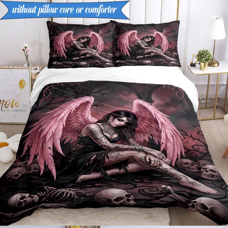 3PCS Ethereal pink Angelic skull Bedding Set,Including 1pc Duvet Cover And 2pcs Pillowcases Perfect for Bedroom, Dormitory, Fan Christmas gift