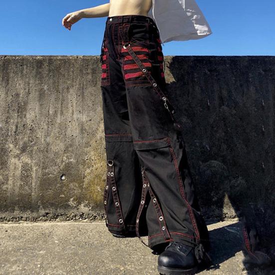 Yousheng Women Pants High Waist Color Block Wide Leg Casual Trousers Loose Fit Retro Cool Long Pants Streetwear