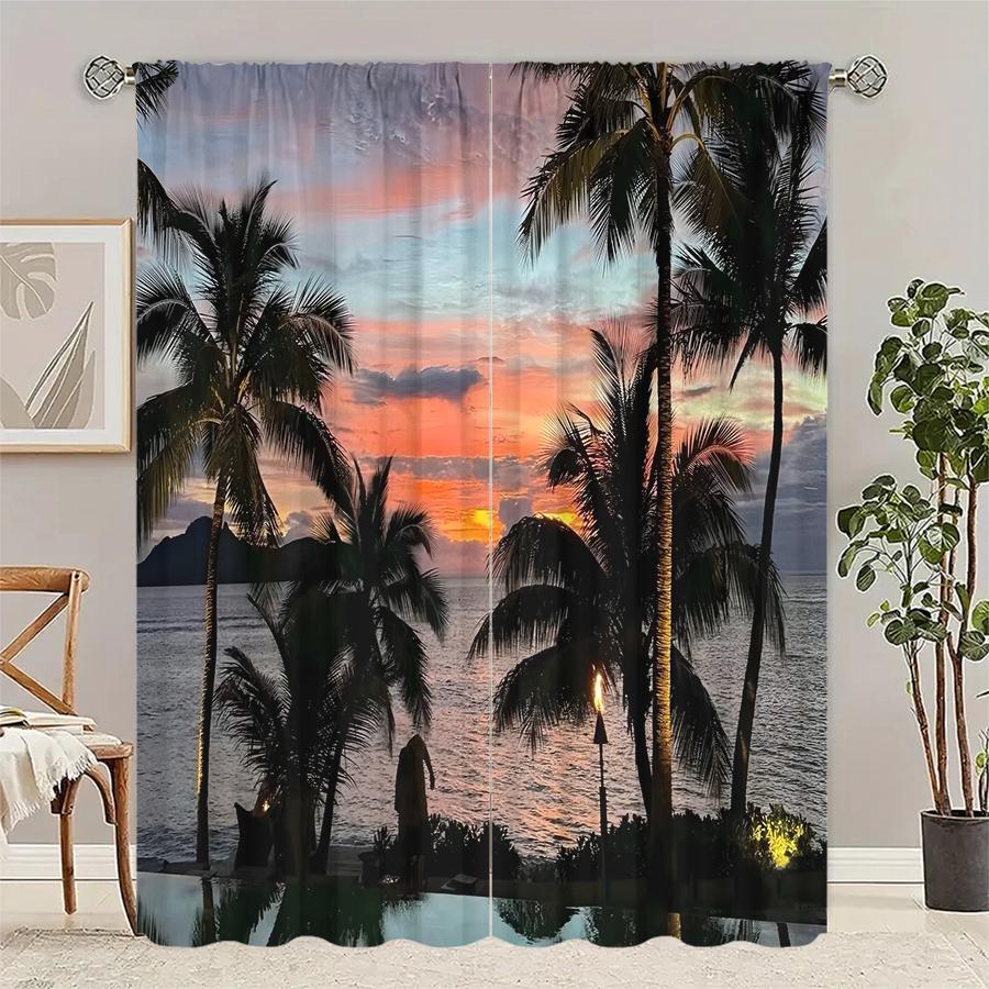 

2 шт. штор с принтом кокосовых пальм на берегу моря, подходят для украшения спальни, гостиной, кухни, домашнего декора, декора окон 14Wx59L(35x150CM)x2&Rod Pocket