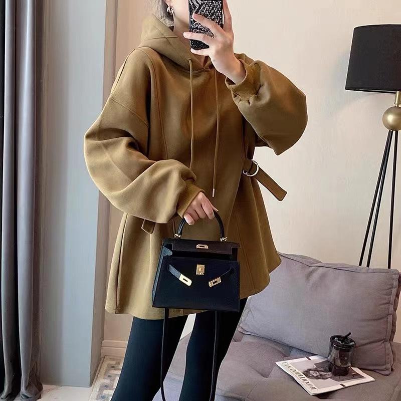 Fleece Thickened Black Hooded Waist Sweater Womens Design Sense Relaxed Fit Medium and Long Top XXL темно-коричневого