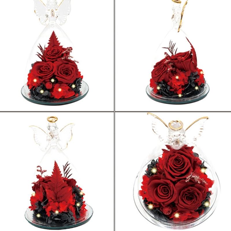 Festliche Engel-Glasglocke mit konservierter Rose – ein wunderschönes Accessoire für Weihnachts- und Valentinstagsdekorationen und als charmantes Wohnaccessoire.