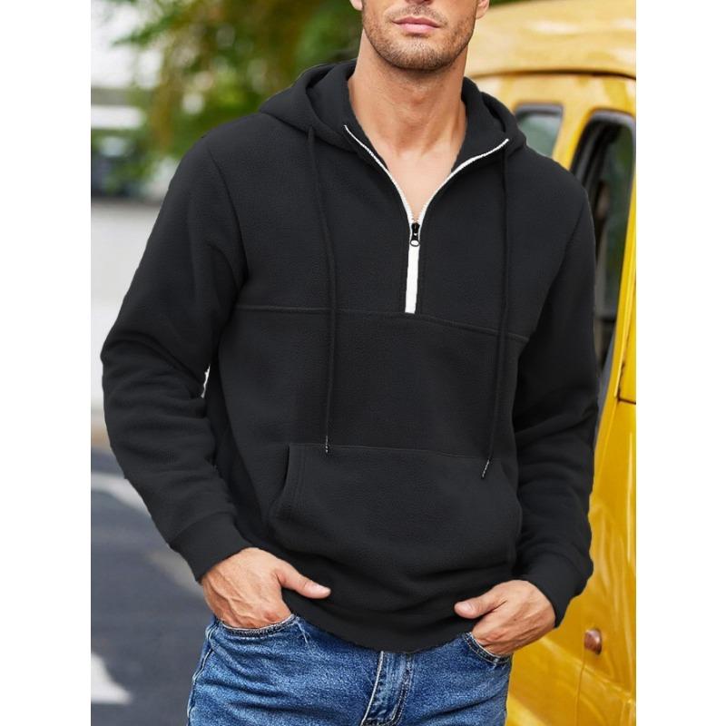

New Autumn and Winter Men s Velvet Hooded Sweatshirt Stand Collar Half Zipper Long Sleeve Casual Sweatshirt S чорний