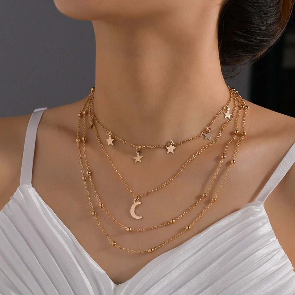 Light luxury style star fringed moon pendant multi-layer chain metal necklace