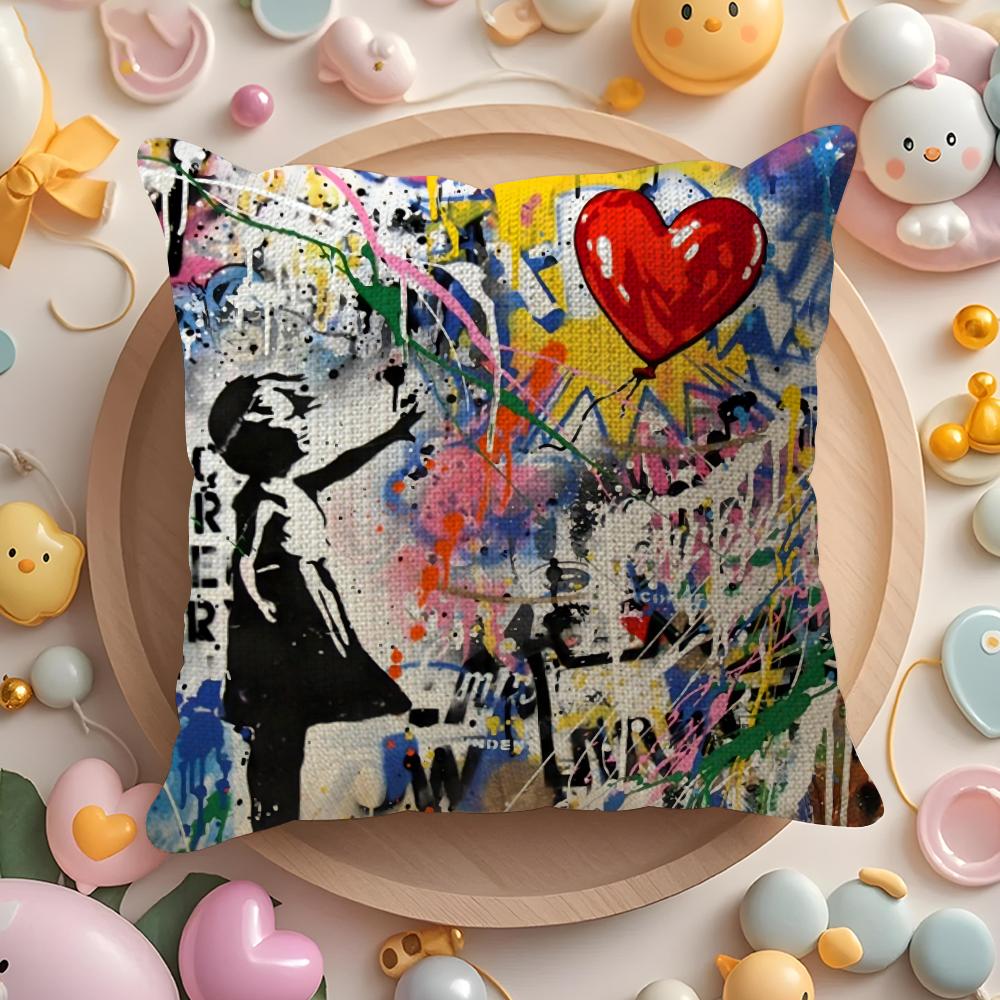 B-Banksy Street G-Graffiti Art Cushion Cover Natural Linen Organic Fabric Double-Sided Printing Sofa Home Decor Gift Pillow Case