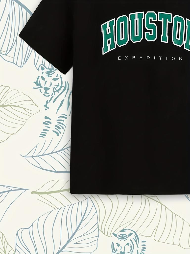 Móda Pánské tričko, léto Ležérní HOUSTON Tričko s dopisním potiskem, tričko pro mládež Crew s krátkým rukávem