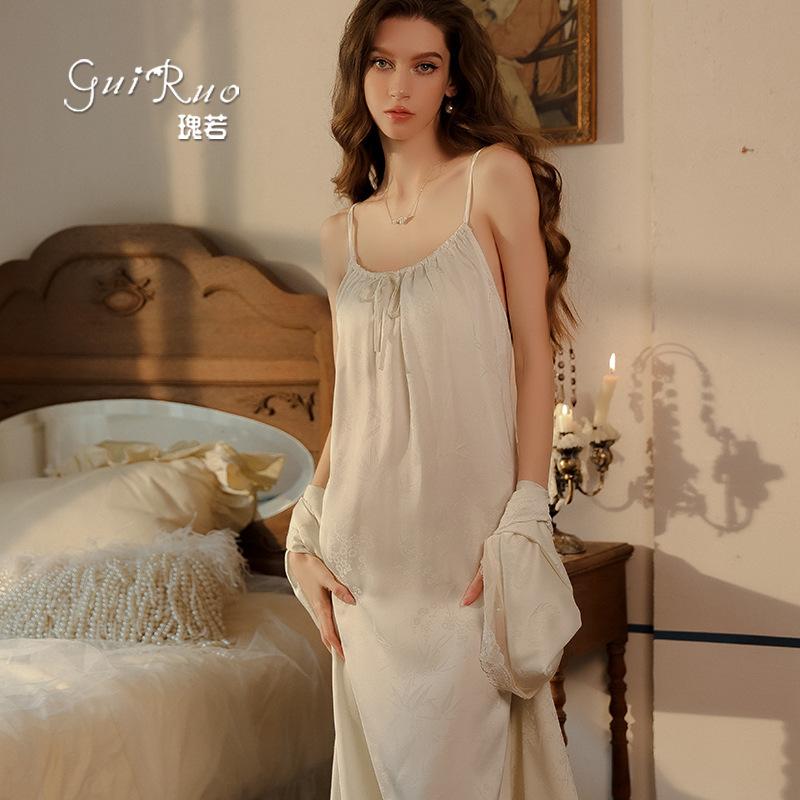 Women's Silky Jacquard Deep V Padded Cami Sleep Dress with Robe Lounge Set
