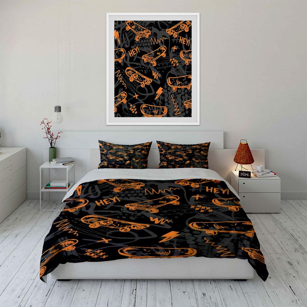 Skateboard Graffiti Print Bedding Duvet Cover Set (1*Duvet Cover 2*Pillowcases, without duvet insert)