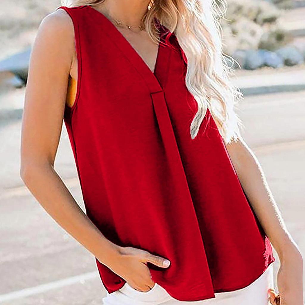 Women V-Neck Sleeveless Tops Casual Color Slim Loose Blouse With Pockets