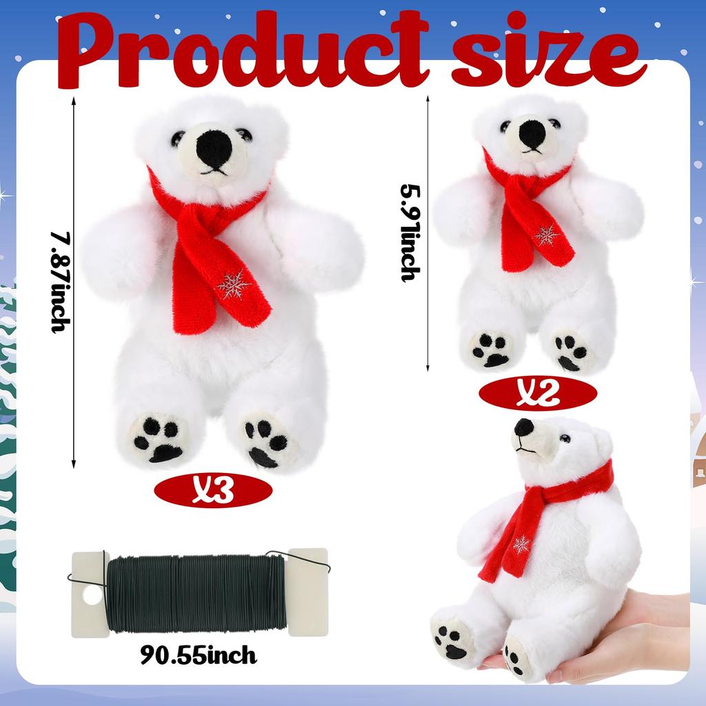 Christmas Polar Bear Plush Ornament White Fluffy Stuffed Animal Cute Winter Tree Decor for Holiday Xmas Party