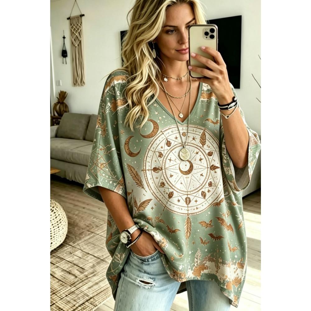 Women's Oversized Loose V-neck T-shirt Top, Bata Shirt with Seven Quarter Sleeves Loose Shirt, Bohemian Style Casual T-shirt