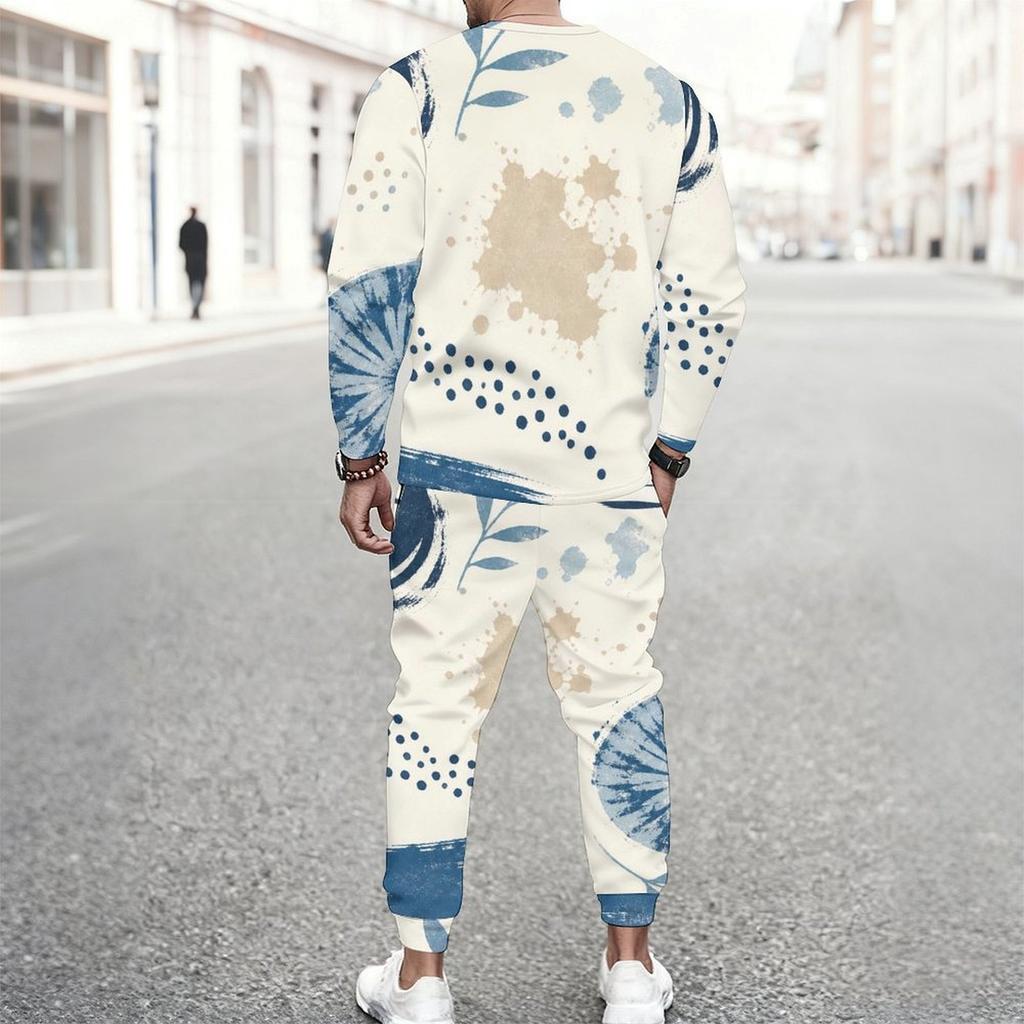 Men S Plus Size Blue Beige White Printed Two Piece Set Round Neck Long Sleeve Top Cuffed Pants