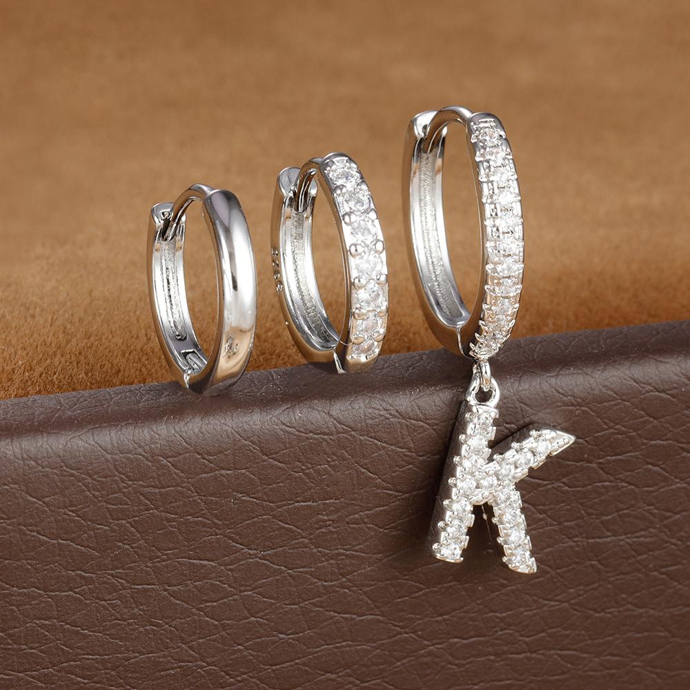 3pcs Silver Color Stainless Steel 26 Letters Hoop Earrings Set For Women A-Z Crystal Zircon Geometric Earrings Wedding Jewelry