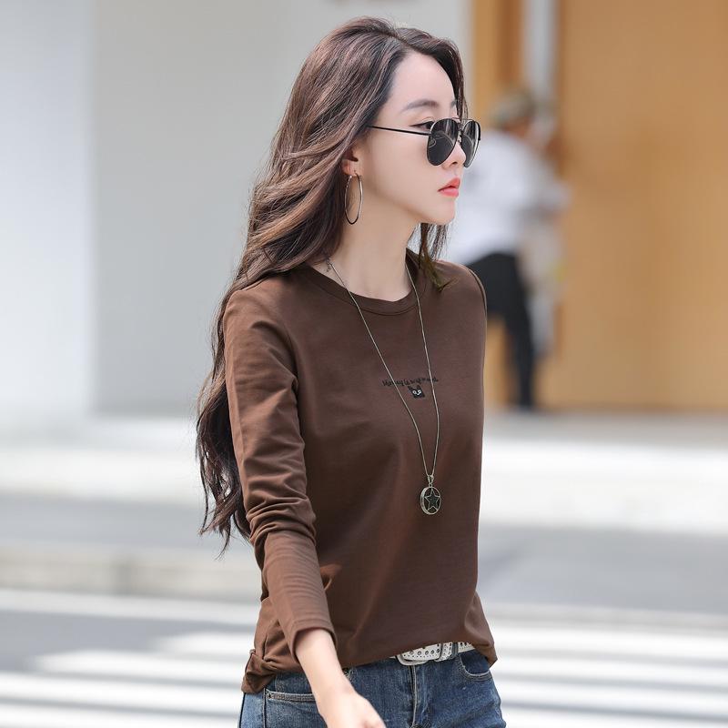 Damen Besticktes Rundhals Langarm T-Shirt, Herbst/Winter, Koreanischer Stil, Übergröße, 95% Baumwoll-Basisschicht