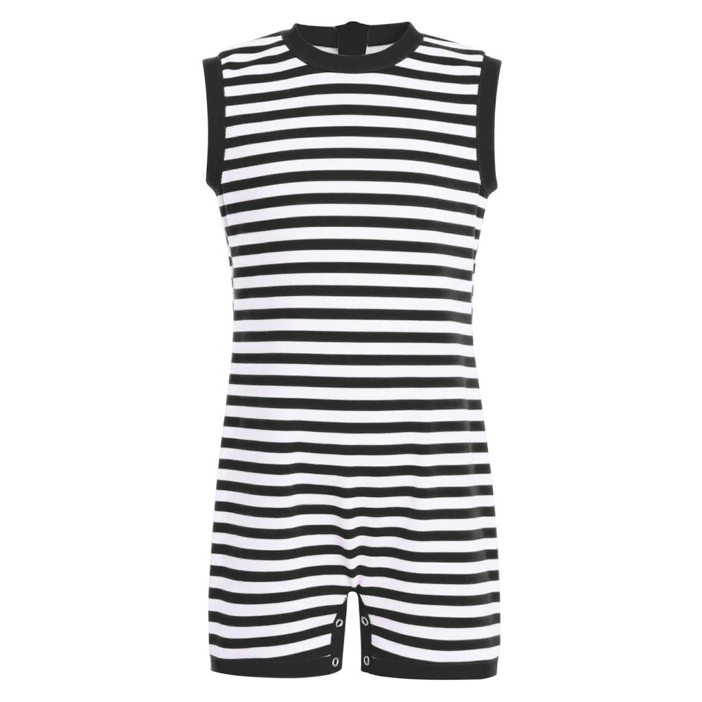 Unisex Special Needs Adaptive Clothing Sleeveless Back Invisible Zipper Press Button Crotch Striped Jumpsuit
