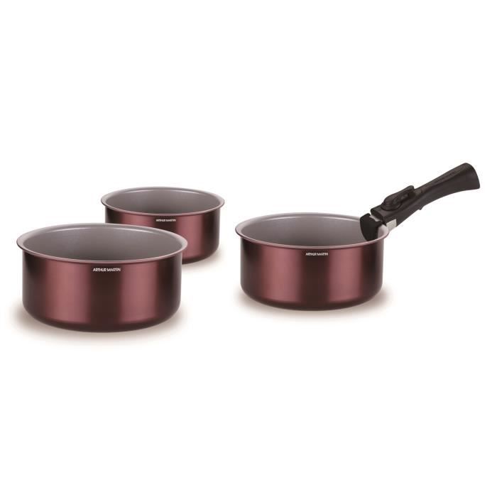 Set of 3 Saucepans - ARTHUR MARTIN - AM1088 - All Hobs Including Induction - 16/18/20 Cm + 1 Removable Handle - Aluminum