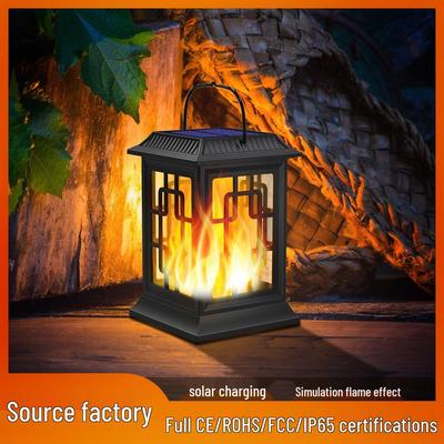 Solar Flame Palace Lantern: Outdoor 28 LED Hanging Landscape Light with Ground Stake for Lawn Decoration.