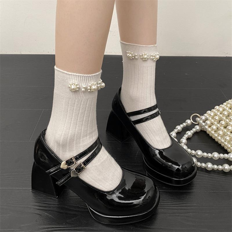 Frühling und Herbst neue flache Mund One-Word-Schnalle Mary Jane Schuhe Damen Plateau Mode dicker Absatz High Heel Modeschuhe