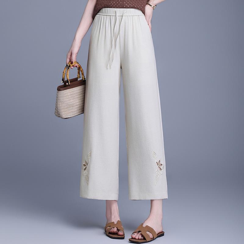 

Mom s Spring 2026 High-Waisted Wide-Leg Pants - Thin, Nine-Tenths Length for Middle-Aged and Elderly Women 4XL (135-150 lbs) бежевий