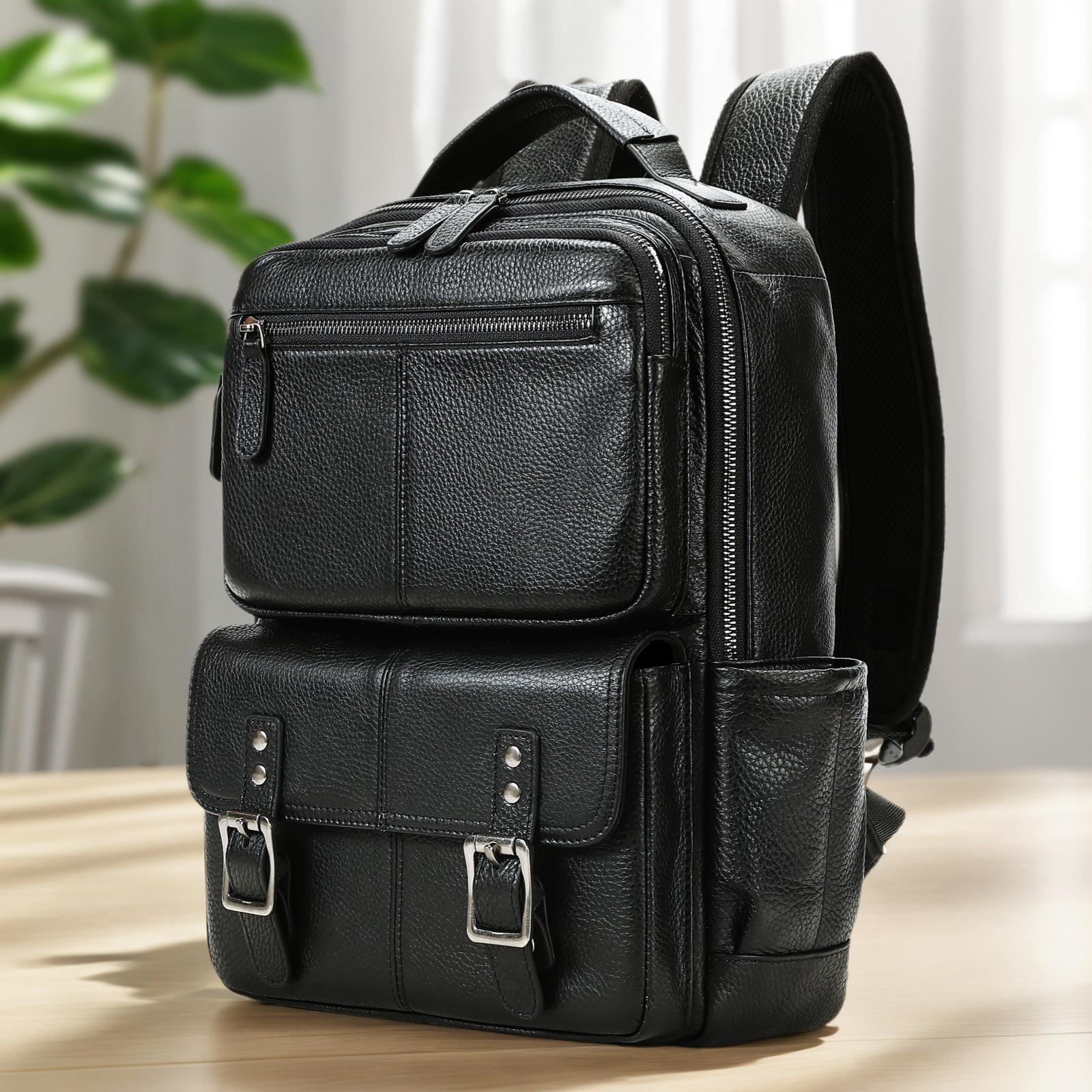 

Мужской рюкзак из натуральной кожи, повседневный, большой емкости, рюкзак для компьютера из натуральной кожи высшего качества чёрный