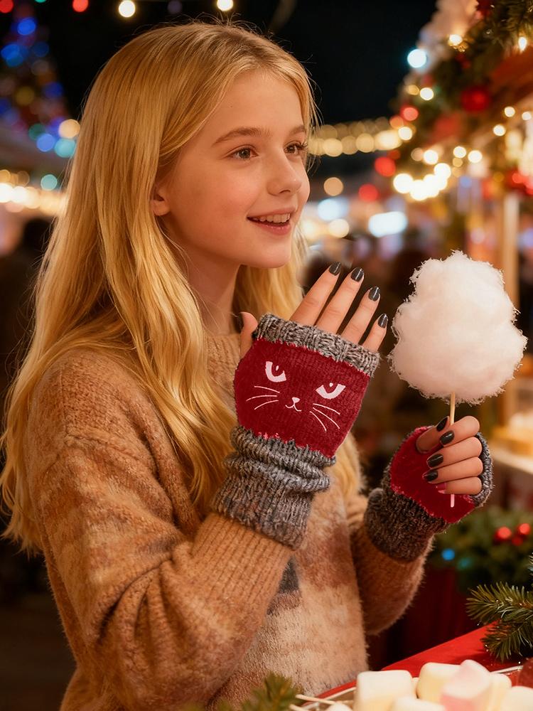 Thermal Winter Gloves Warm Cute Cat Fingerless Gloves Unisex Anti-Cold Thickened Touchscreen Mittens