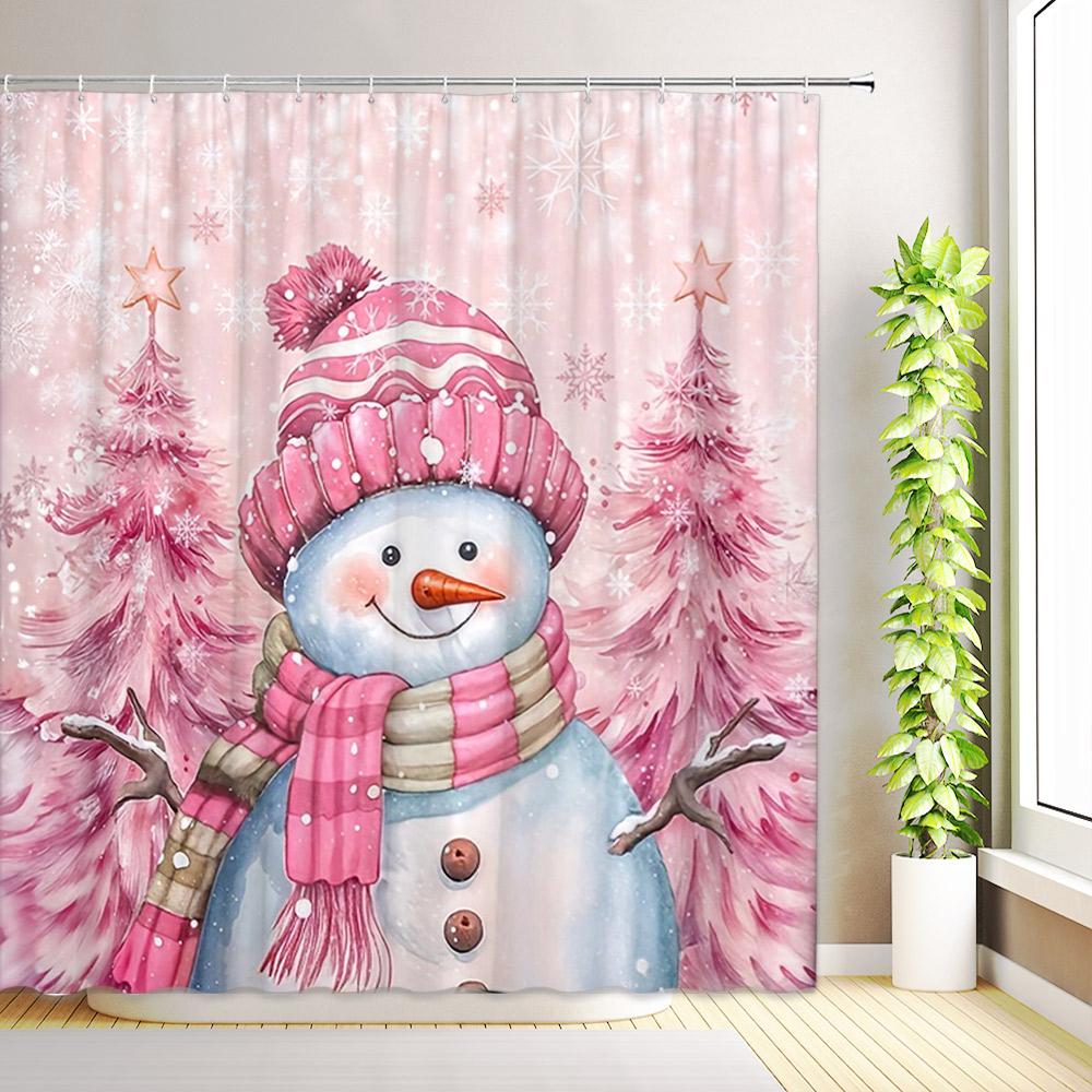 Winter Christmas Shower Curtain Pink Xmas Tree Snowman Santa Claus Snowflake New Year Bath Curtains Bathroom Decor with Hooks
