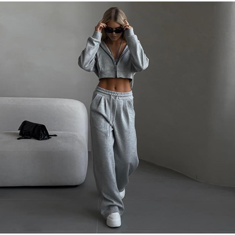 Spring Autumn New Women's Casual Suit Solid Color Cropped Hooded Cardigan Tank Top Sweatpants Co-ord Set Fashion Streetwear