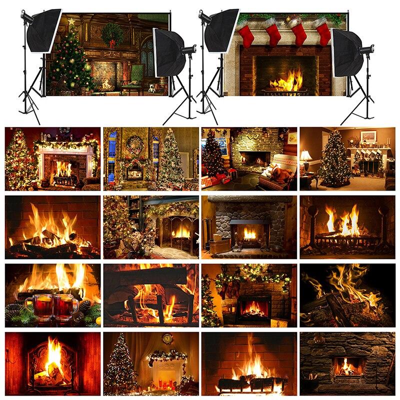Christmas Fireplace Photography Backdrop Xmas Tree Stocking Photo Background Props for Holiday Family Portrait Studio Shoot Video Party Decor