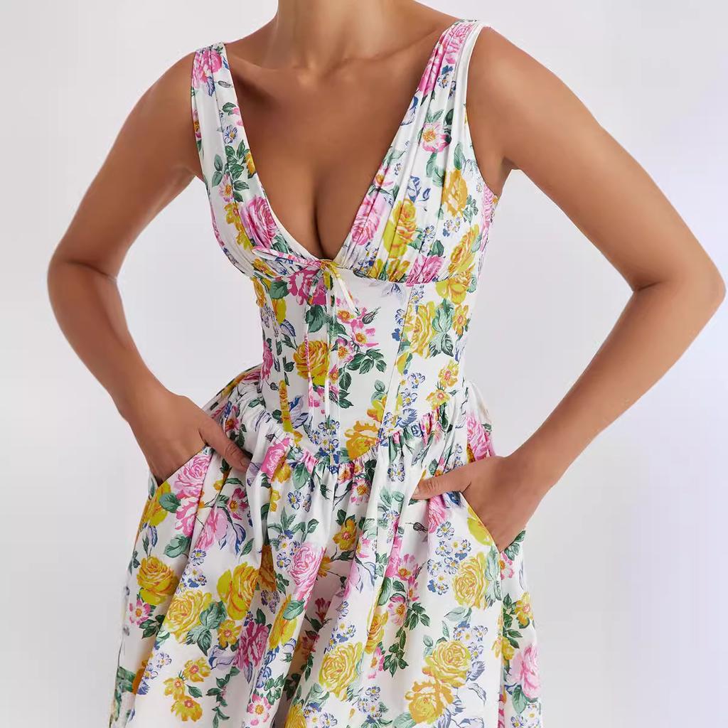 Summer new temperament V-neck waist slim-fitting sleeveless dress floral vacation dress medium and long dress