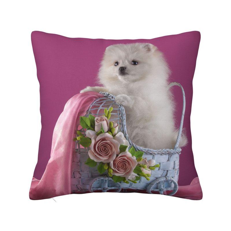 Maßgefertigter Sofakissenbezug mit nordischem Pomeranian-Motiv und Sommerblättern, Samt-Kissenbezug für Haustiere, Spitz-Kissenbezug, Schlafzimmerdekoration