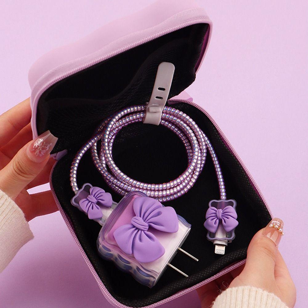 Cute Bow Knot Cable Protector Bag PU Portable Makeup Bag Charger Protector Storage Bag Travel