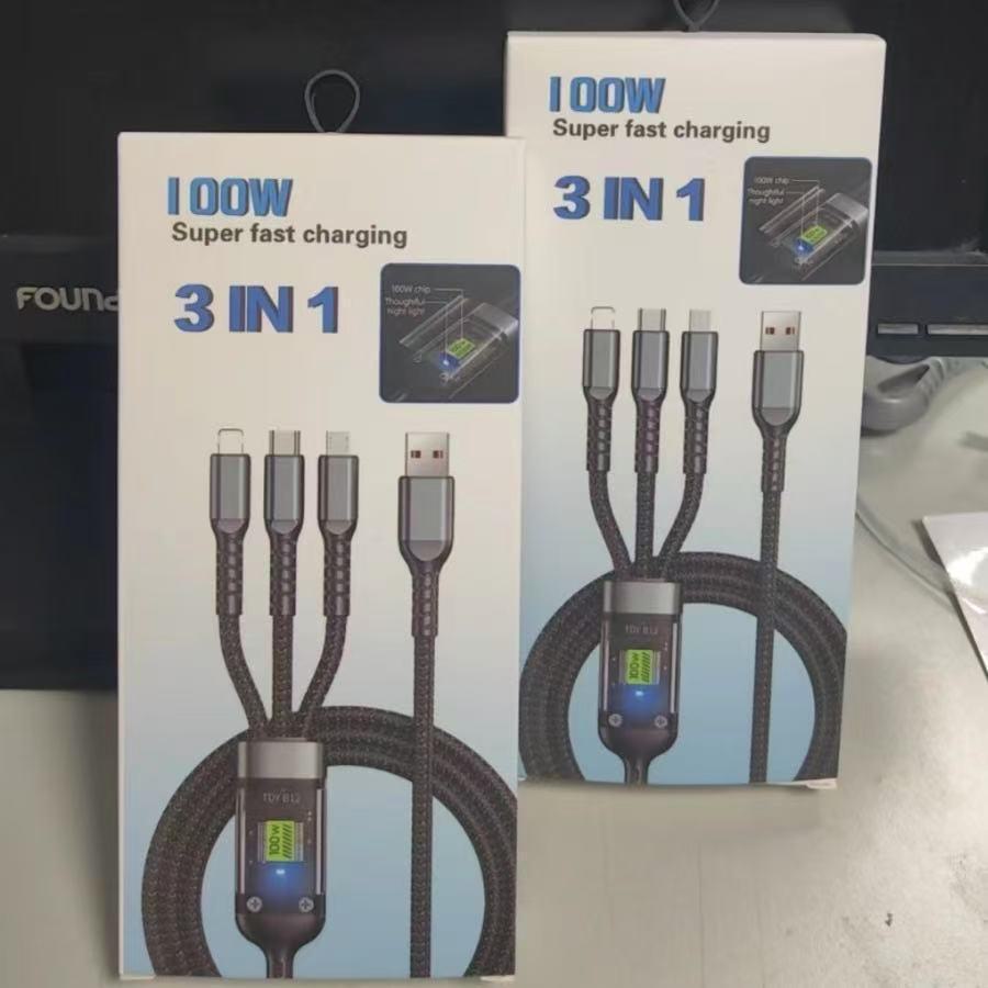 3-i-1 100W gjennomsiktig lys hurtigladekabel for Android, Huawei, Apple.
