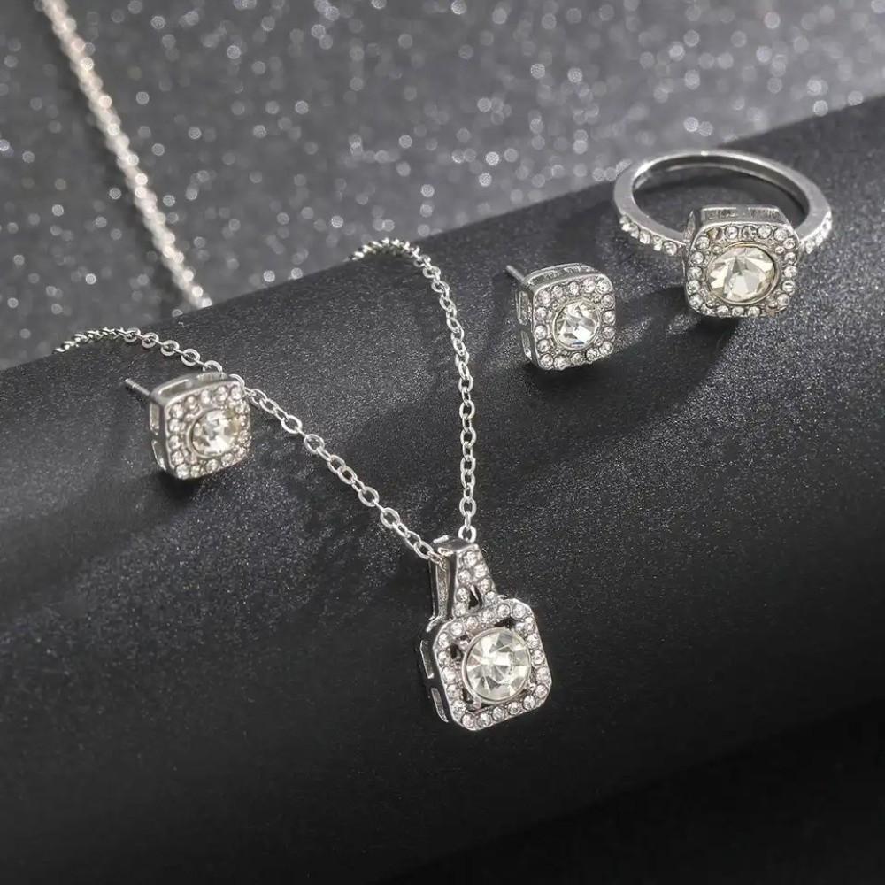 Crystal Cube Jewelry Set Pendant Ear Studs Exquisite Square Necklace  Girls